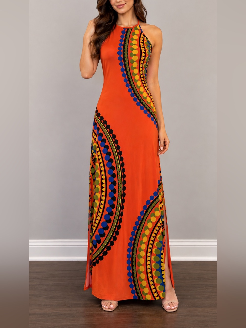 VENUS Vintage Y2K Halter Maxi Dress Orange Geometric Print Open Back Small